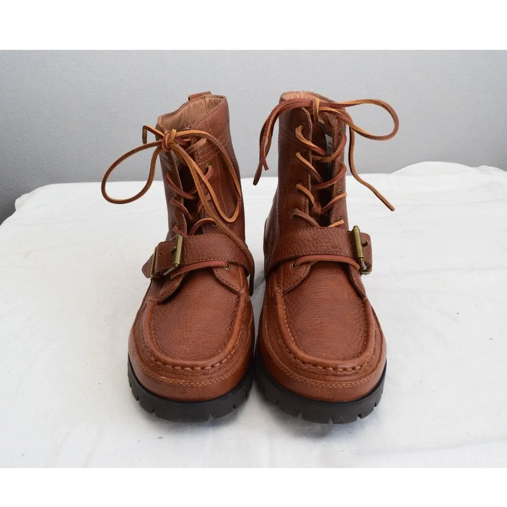 Polo Ralph Lauren Ranger Boots 12 Brown Leather Buckle Moc Toe Mens Preppy